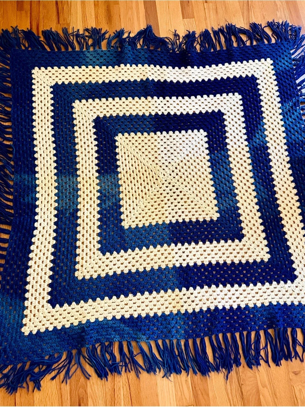 Vintage 70s Crochet Granny Square Blanket Afghan Blue Cream Fringe 54” Squared